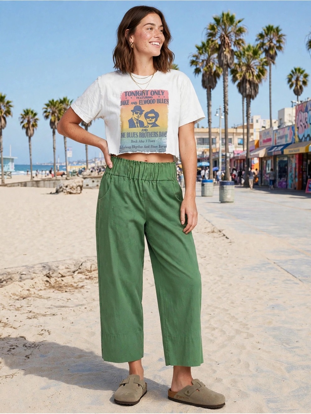 High-Rise Elastic-Waist Cropped Wide-Leg Pants – Green